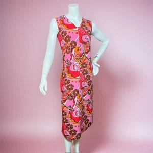 VINTAGE 60s Tiki Mod Hawaiian Shift Dress Size 10 Retro Hawaiian Midi Length - Picture 1 of 4