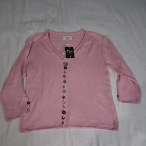 Women's Pure Handknit Sweater Pullover Bubblgum Pink Shell Buttons Cowl XS New - Picture 1 of 11