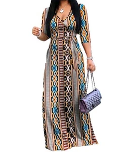 3xl ~ Sexy V Neck Print Maxi Dress for Women Casual Loose 3/4 Sleeves - Picture 1 of 2