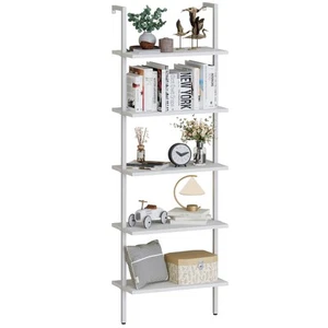 Ladder Shelf White Wooden Bookshelf 5-Tier Wall-Mounted Open Wood Rack Indust... - Picture 1 of 9