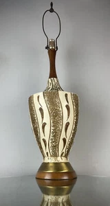 Mid Century Modern Wood Neck Lamp Vintage Jo Wallis Table Lamp 35” Cream Gold - Picture 1 of 13