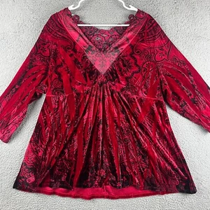 One World Babydoll Tunic Womens 3X Red Velvet Paisley Dark Romantic Vamp Emo Y2K - Picture 1 of 9