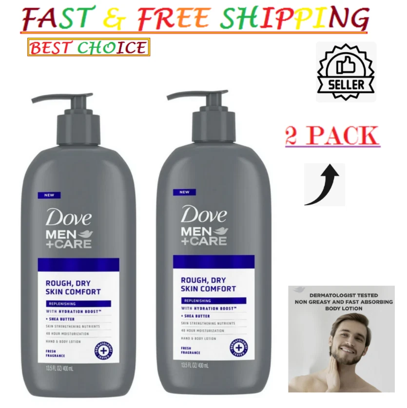 Dove Men Care Skin Comfort Non Greasy Men's & Body Lotion Dry Skin 13.5 oz 2pk