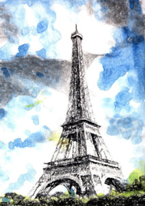 ACEO ORIGINAL EIFFEL TOWER PARIS FRANCE Watercolor Ink Painting by Maria Cortez