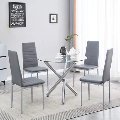 4x Grey Faux Leather Dining Chairs&Round Tempered Glass Silver Legs Dining Table - Image 1 of 4