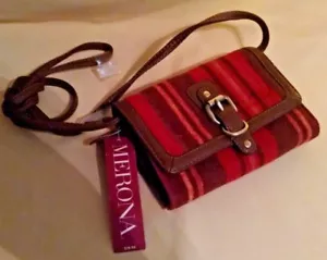 RED PURSE MERONA TARGET NEW NWT RED ORANGE FLANNEL BROWN LEATHER CROSSBODY BUKL. - Picture 1 of 11