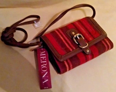 RED PURSE MERONA TARGET NEW NWT RED ORANGE FLANNEL BROWN LEATHER CROSSBODY BUKL. - Image 1 of 4