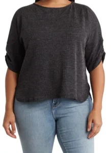 Max Studio Top Size 1X Black Ruched Sleeve Soft Ribbed Knit Comfy Blouse NWT - Picture 1 of 16