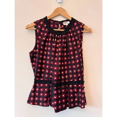 Top Milly of New York Seda Plisado Cinta Peplum Botón Rojo Negro Talla 8 Foto 1 de 4