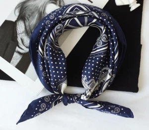 100% twill Silk 20" Square Scarf Women man neckerchief Wrap dot blue navy - Picture 1 of 4