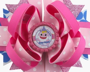 Baby Shark Doo Doo Doo Doo Blue Pink Bottle Cap Hair Bow 5" - Picture 1 of 1