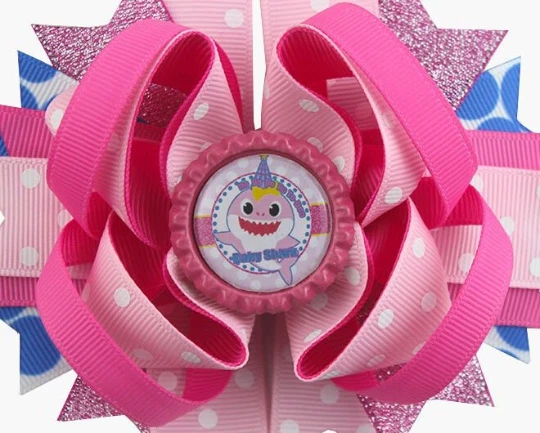 Baby Shark Doo Doo Doo Doo Blue Pink Bottle Cap Hair Bow 5" - Image 1 of 1
