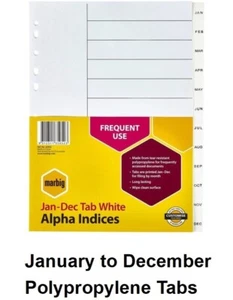 Marbig 35052 Alpha Indices January to December Polypropylene Tabs White B166 - Picture 1 of 1