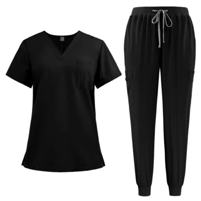 Summer NiaaHinn Scrub Nurse Medical Uniform Set Women Men V-Neck Top Jogger Pant - Image 1 of 4