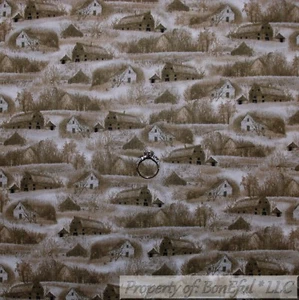 BonEful Fabric FQ Cotton Quilt Brown Scenic Tree Farm Holiday Barn House Toile S - Picture 1 of 12