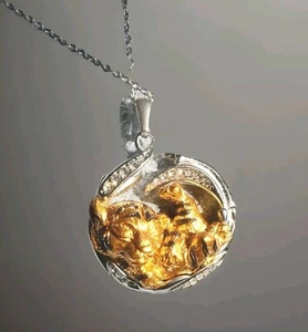 White Austrian Crystal Yellow Resin Sleeping BABY TIGER Necklace 20 IN - Picture 1 of 10