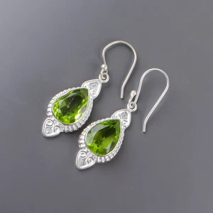 August Birthstone Genuine PERIDOT Dangle Drop Earrings Jewelry Sterling Silver - Picture 1 of 9
