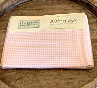 Vintage J.C. Penney Pink & White Gingham Twin Flat Sheet 66 X 96 NEW 200 Thread - Image 1 of 4