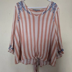 Absolutely Famous Tie Front Embroidered Size L Blouse Light Academia Cottagecore - Picture 1 of 8