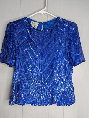 Vintage Stenay Blue Sequin Beaded Glamour 100% Silk womens shirt top blouse M - Image 1 of 4