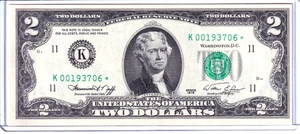 Billete de $2 de la Reserva Federal de Dallas 1976 **STAR** sin circular #K00193706* - Imagen 1 de 2