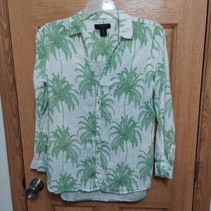 Tahari 100% Linen Blouse Size M Palm Tree Print shirt Relaxed Fit Roll Sleeves - Picture 1 of 9
