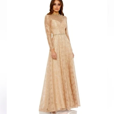 Mac Duggal NWT Gold Lace Illusion Neckline Long Sleeve Crystal Embellished Gown - Image 1 of 4