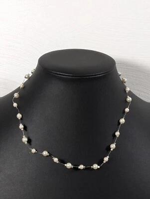 Carolee White Faux Pearl Station Bead Wire Chain Dainty Necklace Choker 16 in - Image 1 of 4