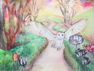 Búho de granero tulipanes amanecer paisaje acuarela arte multimedia mixta impresión ACEO 1 de 10 - Imagen 1 de 1