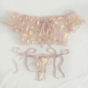 Women Sexy Transparent Pajamas Daisy Lace Mesh See-through Lingerie Top + Panty - Picture 1 of 12