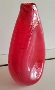 RUBY RED HANDBLOWN OVAL PINCHED VASE WITH INTERNAL SWIRLS 8 INCHES - Picture 1 of 7