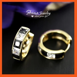 9K GOLD FILLED BLACK PRINCESS CUT CRYSTAL BAND MENS WOMENS HOOP HUGGIES EARRINGS - Picture 1 of 7