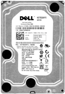 Hard Drive Dell 0G631F G631F WD7502ABYS 750GB 7200RPM 32MB SATA II 3.5" Inch - Image 1 of 3