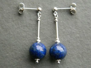 Smooth Round Blue Lapis Lazuli Gemstones, 925 Sterling Silver Stud Drop Earrings - Picture 1 of 12
