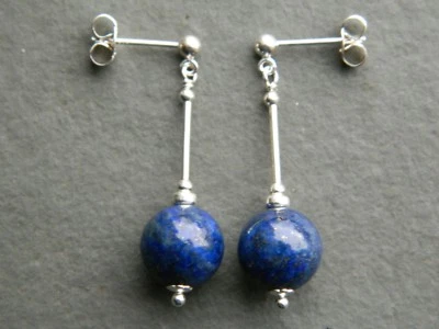 Гладкий круглый синий лазурит драгоценные камни, 925 пробы серьги-гвоздики - Изображение 1 из 4