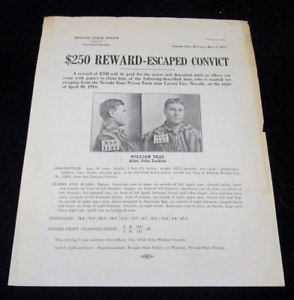 1911 Carson City NV Wanted Poster REWARD Escaped Robbery Convict Tattoo 9.5"x12"