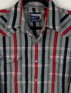 Vintage Wrangler Hemd rot grau schwarz USA Perlen Druckknöpfe x lange Schwänze 15,5 34 Lrg - Bild 1 von 7