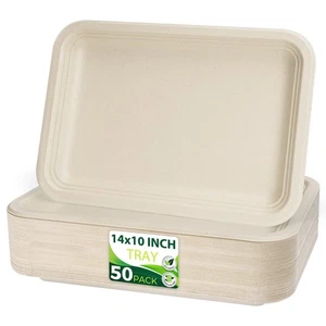 50 Pack Brown 14" Heavy Duty Disposable Rectangle Food Trays, Compostable Ext... - Picture 1 of 7