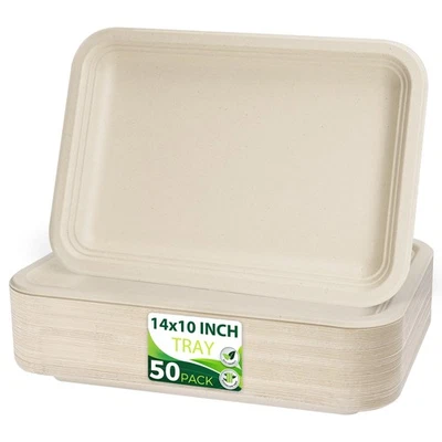 Paquete de 50 bandejas de alimentos rectangulares desechables de alta resistencia marrón de 14", extendibles compostables... Foto 1 de 4