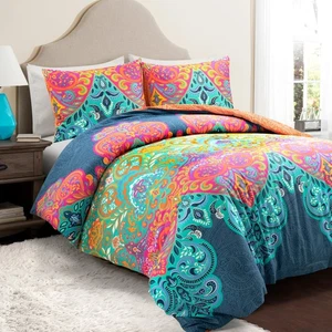 Boho Chic Set Copripiumino Reversibile 3 Pezzi in Cotone, Completo/Regina, Turchese e... - Foto 1 di 5