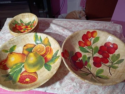 Vintage Bamboo Woven Two 11" Serving Bowls And 6  6" Salad Bowls Painted Fruit. - Image 1 of 4