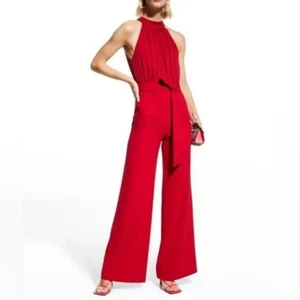 Alice + Olivia Thelma Halter Neck Wide Leg Ruby Red Belted Jumpsuit Size 6 - Picture 1 of 12