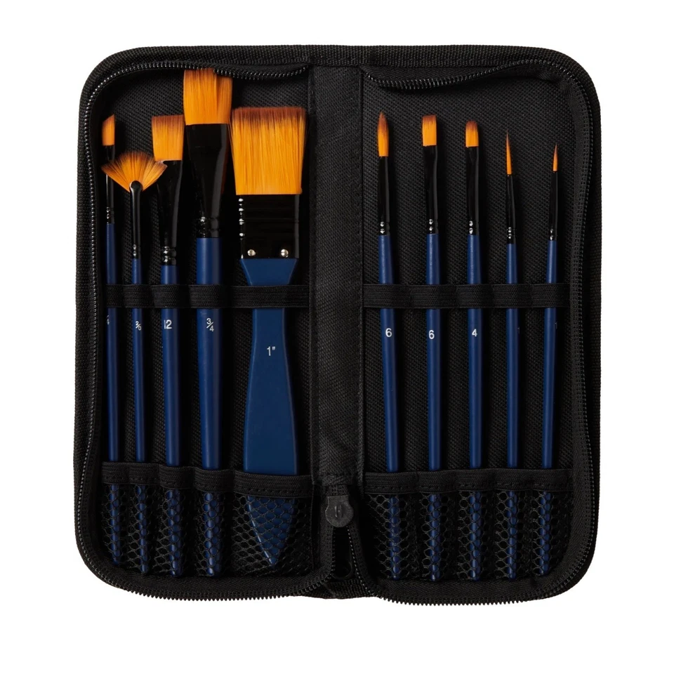 Kit de 11 Pinceaux Peinture Art Dessin Artiste + Pochette Liner Rond Shader Flat - Photo 1/2