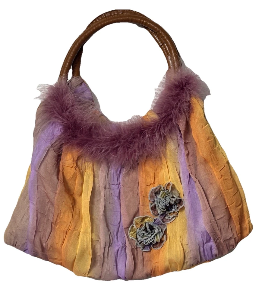 Bolso de mano vintage años 90 de Nueva York púrpura/naranja con ribete de plumas Foto 1 de 4