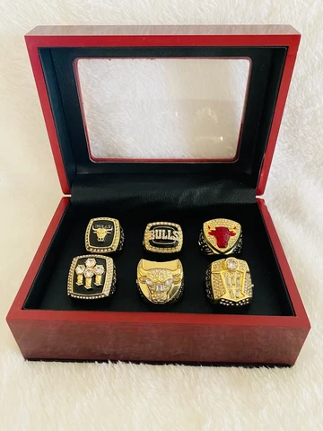 6 Pcs Chicago Bulls Michael Jordan Championship Ring Set with Case, 🇺🇸 SHIP Cover