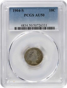 1904-S Barber Silver Dime AU50 PCGS - Picture 1 of 2