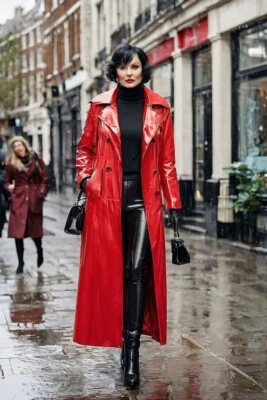 Red PVC Vinyl Shinny Trench Long OverCoat Waterproof Winters Jacket - ALL SIZE - Image 1 of 2