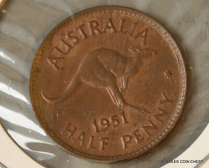 1951y. HALFPENNY aUNC MAINLY RED LUSTRE REMAINS OBVERSE AUSTRALIA COIN #DHL10 - Picture 1 of 8
