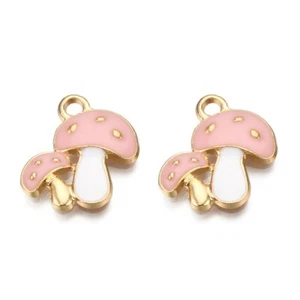 10 Gold Tone Toadstool Mushroom Shaped Charm Pendants Pink Enamel Detail - Picture 1 of 2