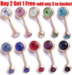 Surgical Steel Gold Belly Bar Navel Bar Belly Navel Button Ring Double Crystal - Picture 1 of 13